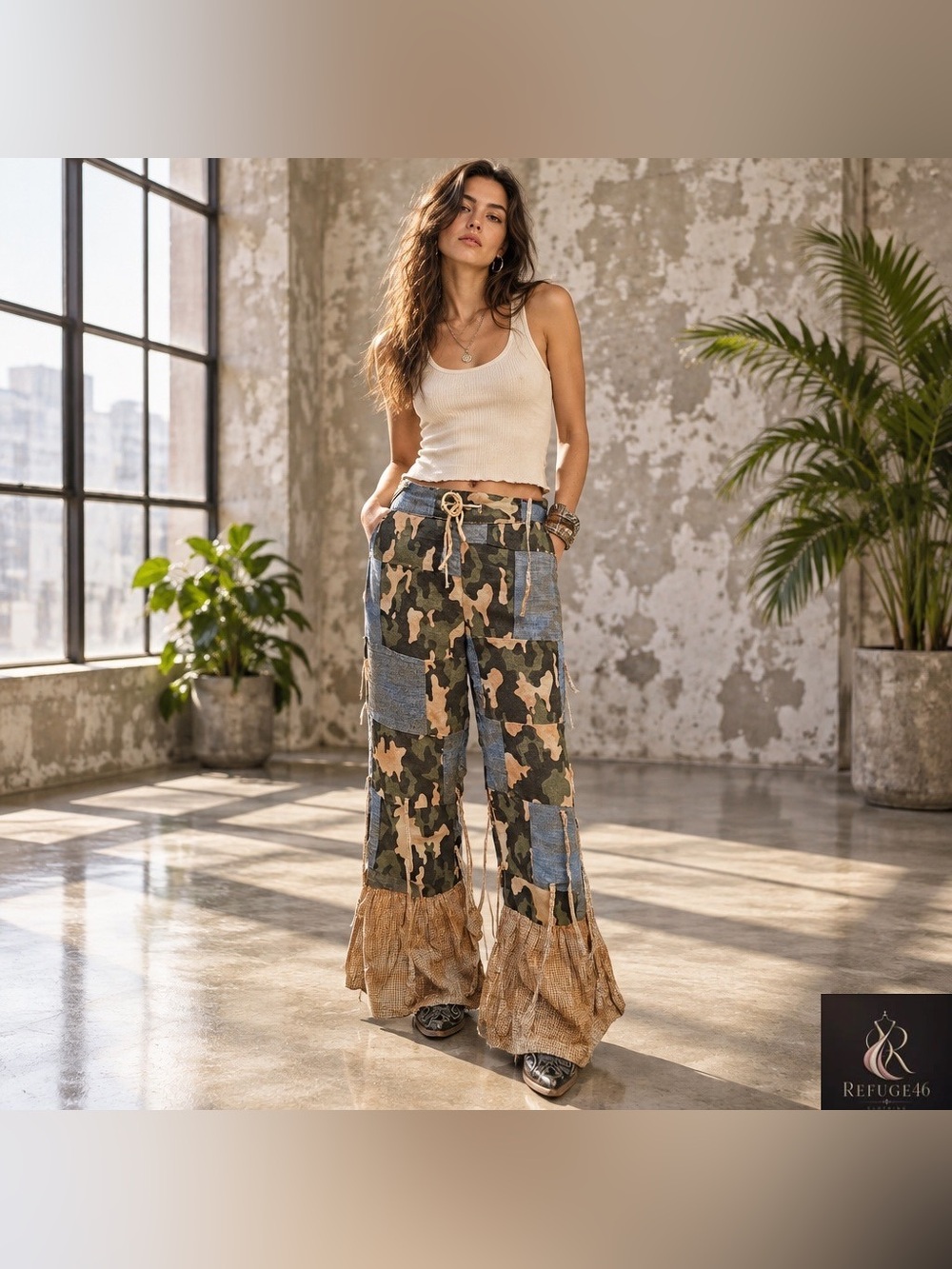 NWT Boho Patchwork Vintage Wide-Leg Pants in Camo & Tan Side Ties A Rare Bird
